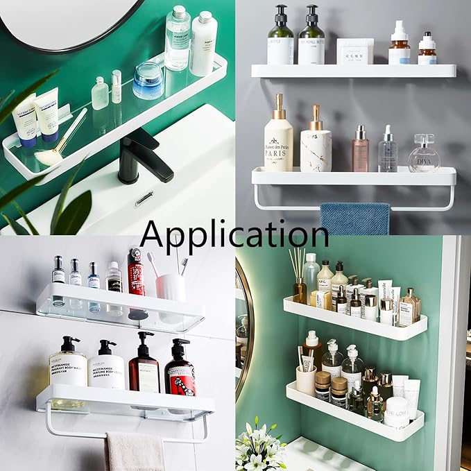 Bathroom Shelves, 15.7in Tempered Glass Shelf with Towel Bar Wall Mounted, 2 Tier Wall Shelves for Bathroom Organizers and Storage, White