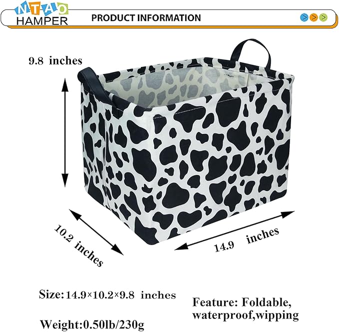 NTAOHAMPER Rectangular Cow Storage Basket, Waterproof Cowprint Box with Handles, Room Decor, Gift Basket for Cow Lovers, Collapsible Storage Bin