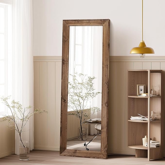 Full Length Mirror 58"x22" - Beveled Edge Rustic Brown Dressing Mirror, Solid Wood Frame, Wall Mounted or Leaning for Bedroom, Entryway, Living Room