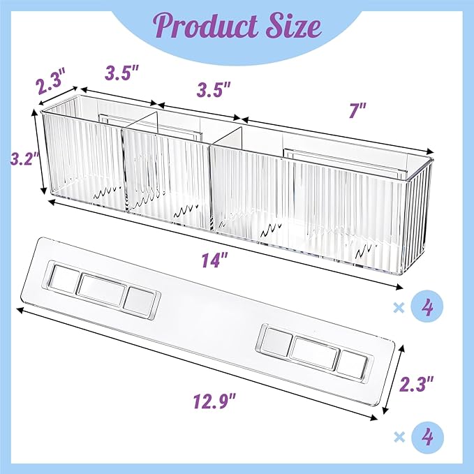 4 Pack Wall Mount Makeup Organizer, 14" Plastic Bathroom Storage Organizer with 3 Compartments, Clear Adhesive Shower Floating Shelf Cabinet Door Organizer for Wall Narrow Space Office