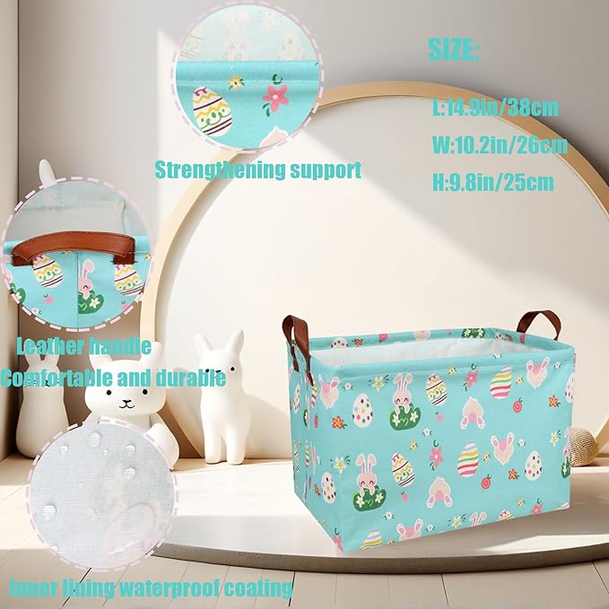 Large Rectangular Cute Kid Easter Basket Empty Bunny Eggs Easter Basket Gift Spring Room Storage Organizer Décor (Rabbit Easter Egg With Blue Background)