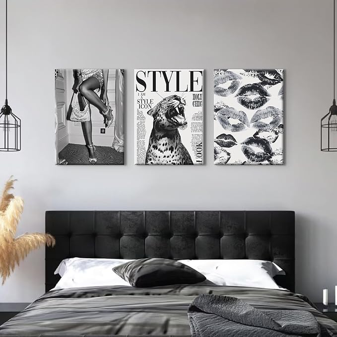 Trendy Leopard Wall Art Black and White Cheetah Canvas Wall Decor Fashion Preppy Room Poster Vintage Y2k Aesthetic Prints Funky Heels Lips Pictures Artwork for Girl Bedroom 12x16x3 Inch Wrapped Canvas