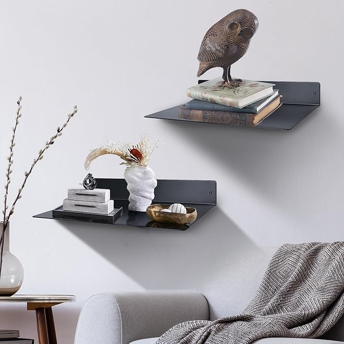 RealPlus Metal Floating Shelf Wall Mounted (12 inch x 8 inch) Heavy Duty Steel Display Shelves, Black (Pack of 2)