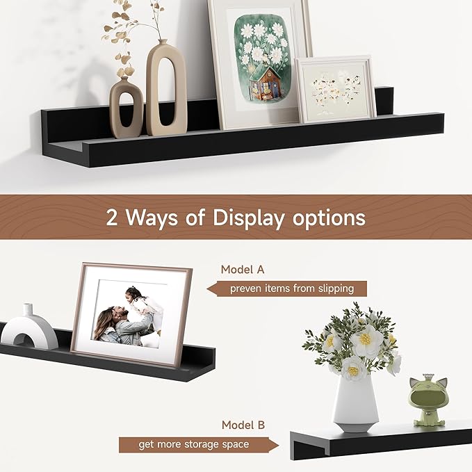 Fun Memories Floating Picture Ledge Shelves, Wall Mounted Wood Storage Shelf for Bedroom, Living Room, Bathroom, Kitchen, Nursery, Display Picture Ledge Shelf Set of 2-16 Inches, Black