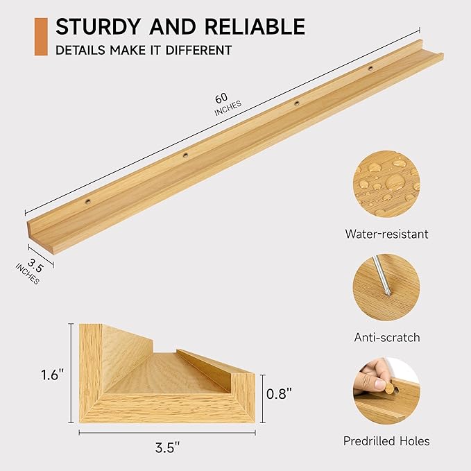 Fun Memories Picture Ledge Shelf, 60 Inch Floating Shelves Set of 2, Large Nursery Book Shelves for Toys Storage, Kids Bookshelf Wall Mounted for Wall Decor Books Photo Frames, Oak