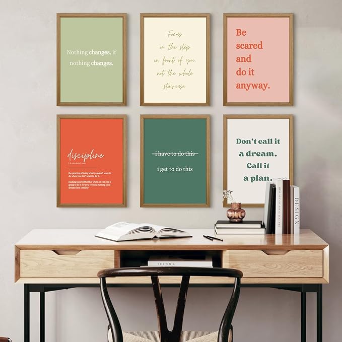 Office Wall Art Motivational Posters Inspirational Quote Canvas Wall Decor Office Positive Pictures Inspirational Classroom Art Motivational Work Prints for Gym Home 8x10 Inch Framed Set of 6