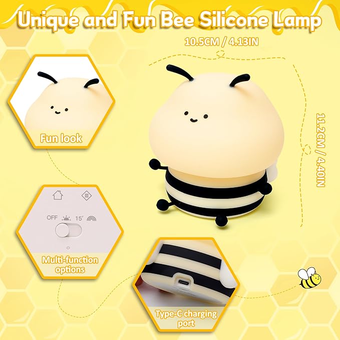 OkiyiD Bee Gifts, Cute Bee Night Light, Animal Silicone Nursery Lamp with Dimming and Timing Function, 9 Lighting Effects, Cute Room Decor Lights