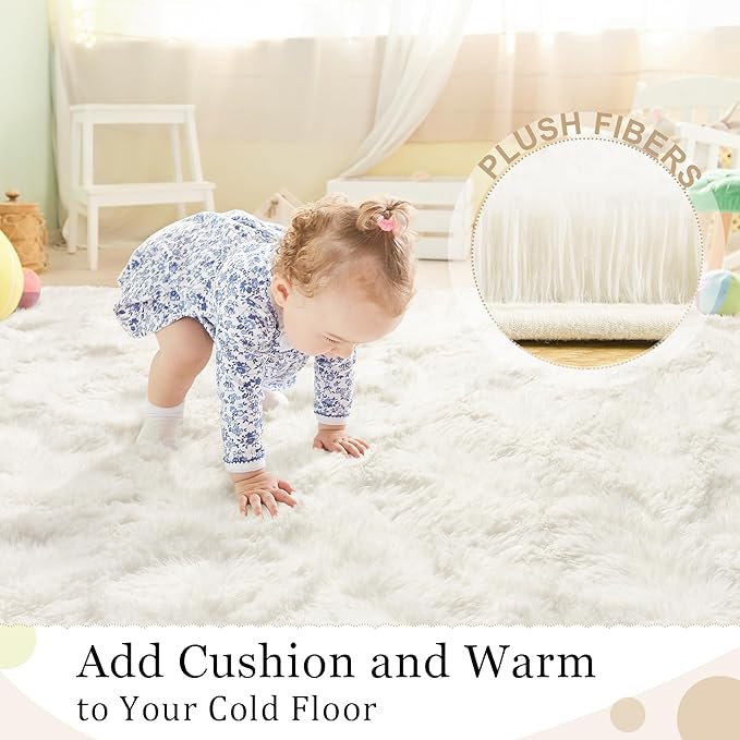 BENRON Fluffy Rugs for Living Room 6x9 Cream White, Washable Large Area Rugs for Bedroom Dining Table Office Kids Nursery Room, Washable Indoor Floor Carpets