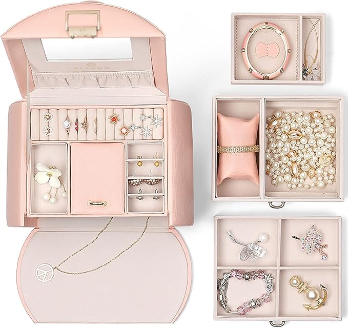 Jewelry storage box Makeup Organizers Jewelry Organizer Box PU Leather Jewelry Organizer 3 Layers Storage Display Case with Drawers for Earrings Necklaces Rings Bracelets Jewelry Case