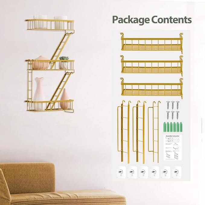SweetSage Fire Escape Wall Shelf Gold - New York Decorative Ladder Shelf, Metal Decorative Shelving for Living Room, Home Décor, Action Figure Display (3-Tier)