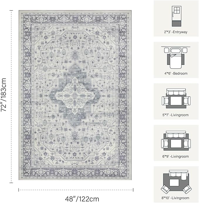 Rugxara Washable Area Rug for Living Room, Vintage Boho Rugs for Office, Dining Room, Kids Room, Farmhouse, Durable Low Pile Non Slip Carpet for High Traffic Areas, Blue Quartz(4x6ft)