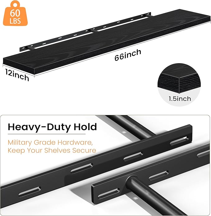 Fun Memories 66 Inch Floating Shelves, 12 Inch Deep Wall Shelf for Fireplace Mantel, Black Deep Storage Shelves for Home & Office, Long Floating Shelf with Invisible Bracket, Set of 2