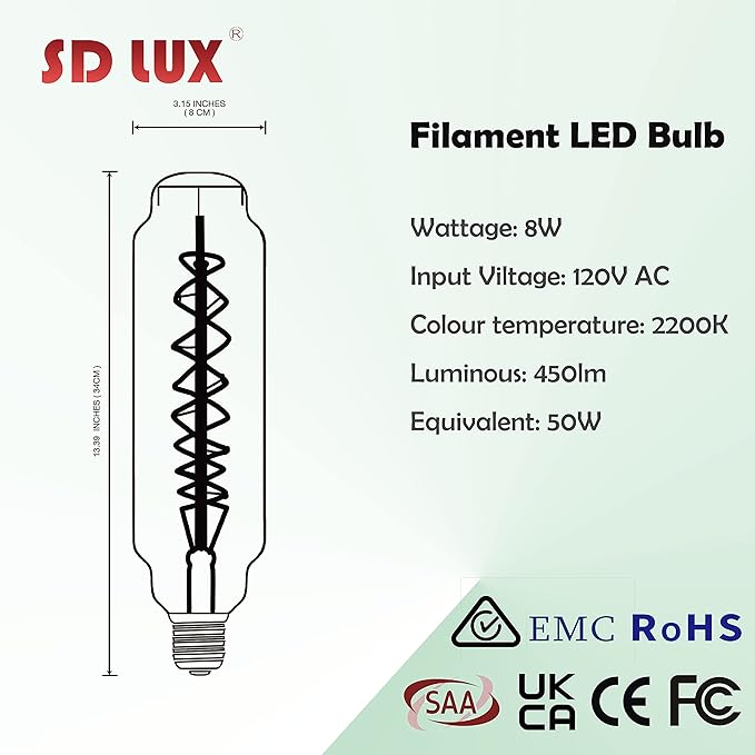 SD LUX Oversized Vintage Giant LED Light Bulb Huge Edison Bulb - Dimmable, 8W 450LM (50W Equi), Warm White 2200K, Medium E26 Base - Perfect for Decorative Pendant Lighting, 1 Pack (TT80)