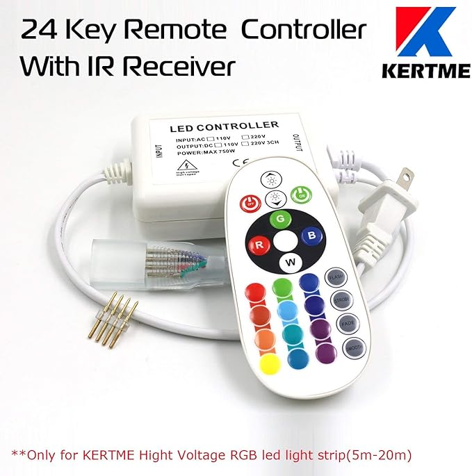 5050-60 Type AC 110-120V RGB LED Strip Lights, Flexible/Waterproof/Dimmable/Multi-Colors/Multi-Modes LED Rope Light + 24 Keys Remote for Home/Garden/Building Decoration (65.6ft/20m, RGB)