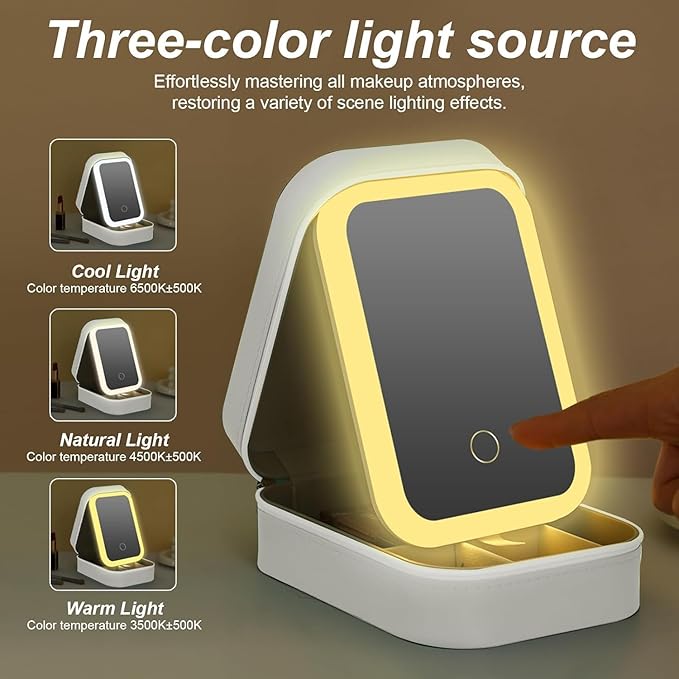 Portable LED Makeup Bag with Adjustable Light-Up Mirror - Three-Color Lighting | Dust-Proof Cosmetic Case with Multi-Compartment Storage and Jewelry Organizer (White)