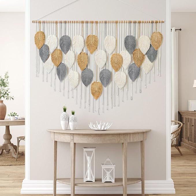 KHOYIME Large Macrame Wall Hanging Boho Woven Tapestry, Chic Modern Home Decor Bohemian Farmhouse Handmade Leaf Feather Wall Art Decorations for Living Room Bedroom Nursery Dorm Backdrop 51.5"W X 33.5"L