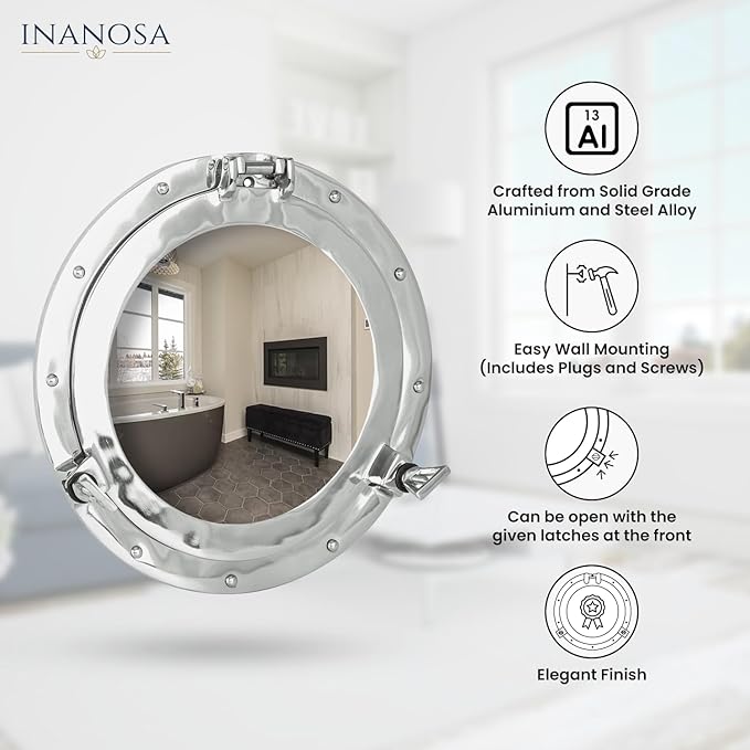 24 Inch Vintage Ship Porthole Mirror - Antique Nickel Silver White Finish Round Wall Mounted Mirror for Bathroom, Nautical, Coastal and Maritime Home Decor