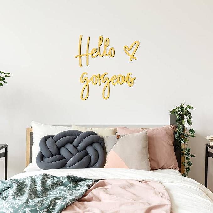 Blulu Hello Gorgeous Wall Decor Sign Hello Gorgeous Wall Art Minimalist Wooden Words Decor for Lash Room, Salon, Vanity or Makeup Room, Bathroom, Bedroom, Office(Gold)