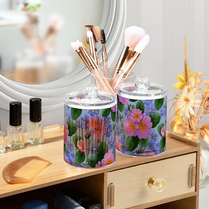 2 Pack Apothecary Jars Artistic Primrose Aster Pattern Bathroom Vanity Storage Organizer Set,Small Clear Plastic Storage Jars Bathroom Canister for Cotton Swabs, Rounds, Balls, Qtips,Makeup Spo