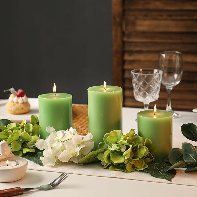 Green Pillar Candles Set of 3 - Spring Green Candles Decorations, Hand-Poured Unscented Candle, Smokeless Decorative Candle for Home, Set of 3 in Different Sizes (4", 5", 6")