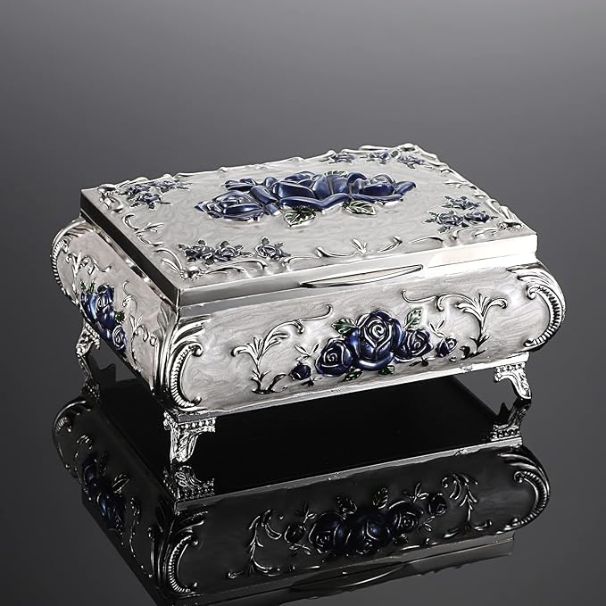 Hipiwe Metal Decorative Jewelry Box Vintage Treasure Chest Case Ornate Trinket Organizer Earrings Necklace Bracelet Storage Box Ring Holder Keepsake Box for Women