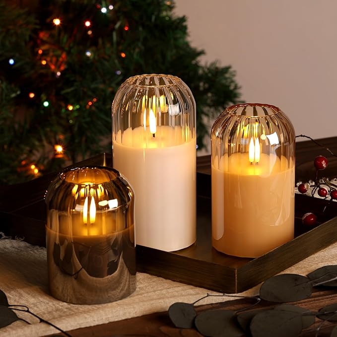 Gold Glass Flameless Candles with Remote, Real Wax Flickering Battery LED Pillar Candles Set of 3