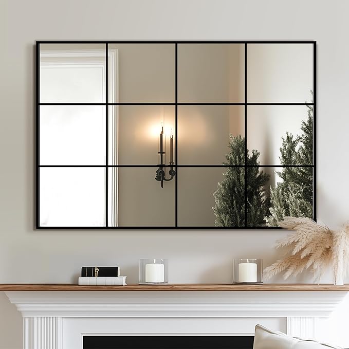 Delma Wall Mirror, 36"X24" Window Pane for Living Room Decor, Decorative Wall Art, Large Mirror for Bedroom, Hallway