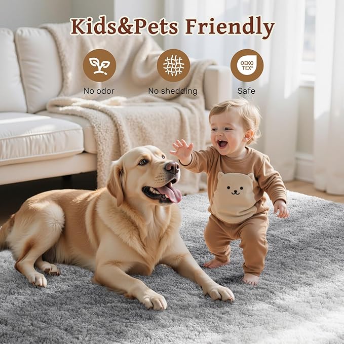 5x7 Feet Area Rugs for Living Room, Gradient Grey Plush Fluffy Shaggy Bedroom Rugs Non-Slip, Ultra Soft Carpet for Nursery Kids PlayRoom Dorm Office Indoor
