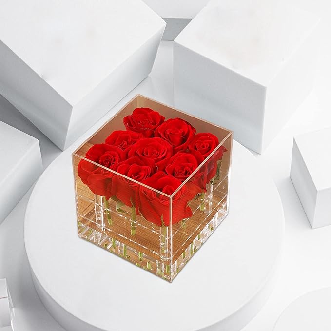 Acrylic Vase Acrylic Flower Box Decorative Square Vase Water Holder Makeup Organizer with Removable Lid and 16 Holes for Suitable for Wedding Party Bi