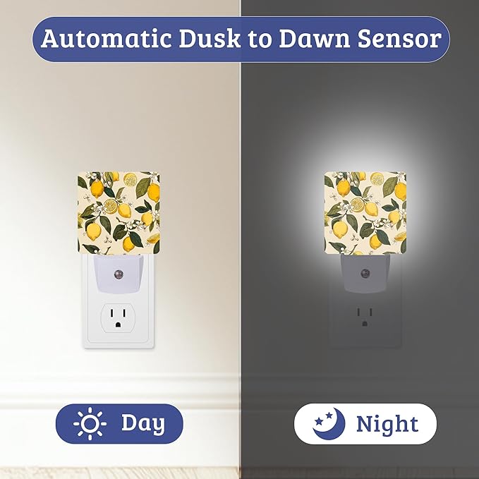Lemon White Flowers Night Light Plug Into Wall with Dusk to Dawn Sensor Wall Lamp, LED Nightlights for Bedroom, Bathroom, Kitchen, Hallway, Room Decorative for Boys Girls Women Men Gifts