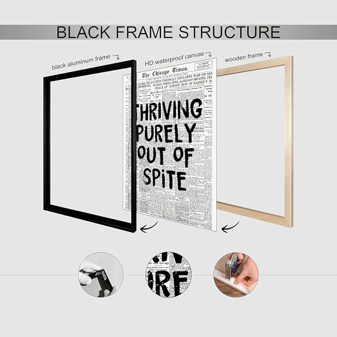 Black And White Newspaper Poster Fashion Fun Motivational Quote Wall Art Thriving Purely Out Of Spite Prints 24X36 inch Black Framed for Apartment Bedroom Wall Decor