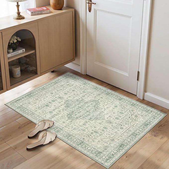Rugxara 2x3 Door Mat Indoor Entrance, Washable Non Slip Kitchen Bathroom Rugs, Ultra-Thin Throw Small Rug for Front Door/Indoor Entrances, Green