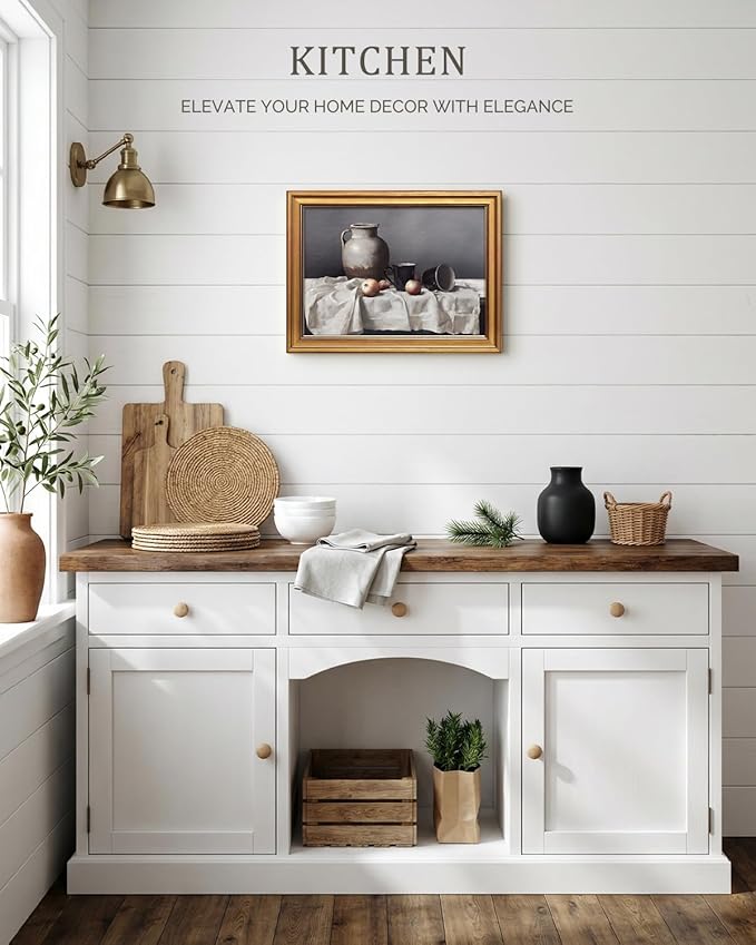 Bzstyleart Vintage Wall Art Decor Living Room, Canvas Framed Wall Art, Farmhouse Retro Rustic Artwork, Home Decor Aesthetic Painting Picture Print, Pottery Still Life, 12 x 16 Inch