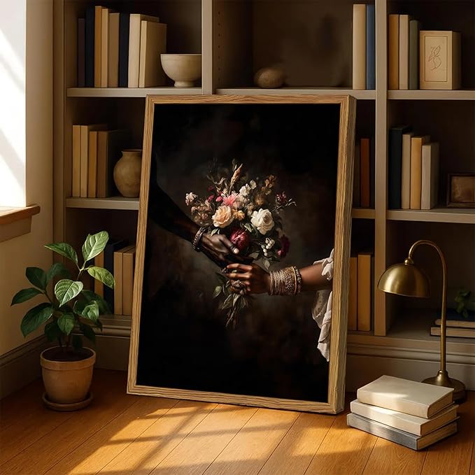 Framed Black Love Floral Wall Art, African American Couple Canvas Wall Decor Prints, Dark Romantic Holding Flowers Paintings Pictures Moody Home Decor Aesthetic for Living Room Bedroom 12x16 inch