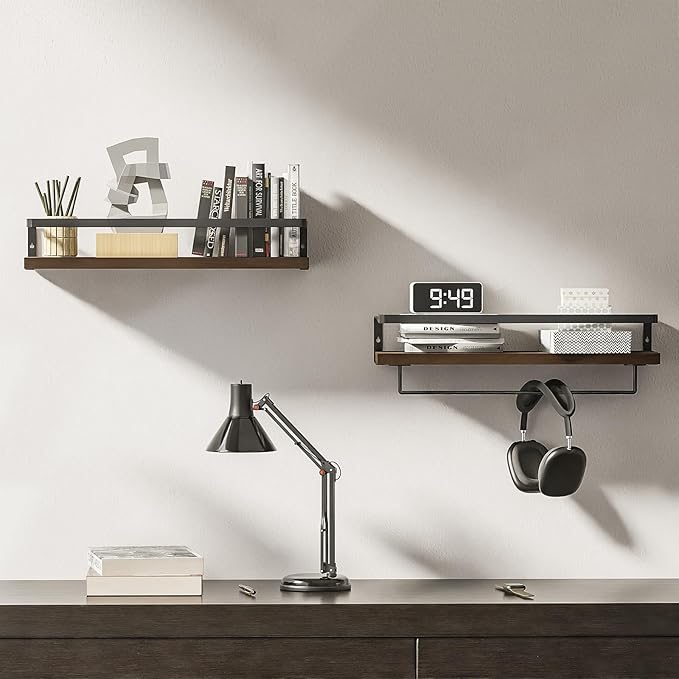 Bathroom Shelves with Towel Bar,Floating Shelves for Bathroom, Kitchen, Bedroom, Paulownia Wood, Matte Black Metal Frame - Set of 2 (Rustic Brown)