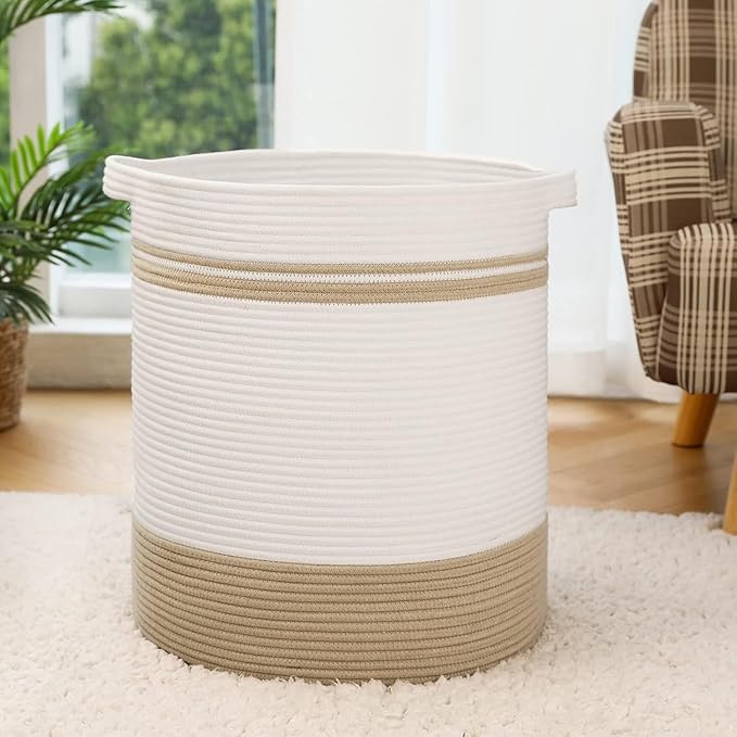 laundry hamper 18x18x20,80L – large basket for blankets,toy basket, Cotton Rope Blanket Basket Living Room, Baby Laundry hamper for Blanket, Nursery, –stuffed animal storage( Double khaki)