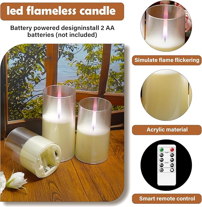 kakoya Flameless Candles Upgraded Realistic Flickering Flame,Battery Operated LED Candles with Remote Timers,Acrylic Electric Candles Set of 3(D 3" xH 4" 5" 6")（Ivory）