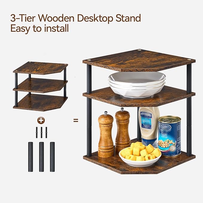 Wooden 3-Tier Corner Shelf, Kitchen Countertop Dish & Bread Organizer Counter Stand Storage for Desktop Bedroom Bathroom Small Space Counter Decor