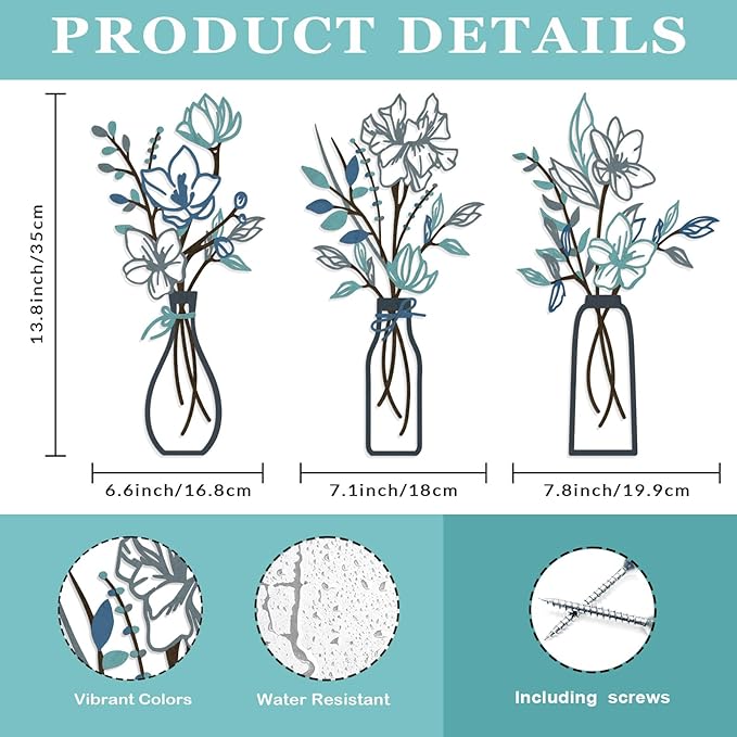 ARTINME 3 Pieces Metal Flowers Wall Arts - Rustic Farmhouse Decor Minimalist Flower Wall Decors for Living room Bathroom Kitchen Bedroom Dining Room - Housewarming Gifts (Blue)