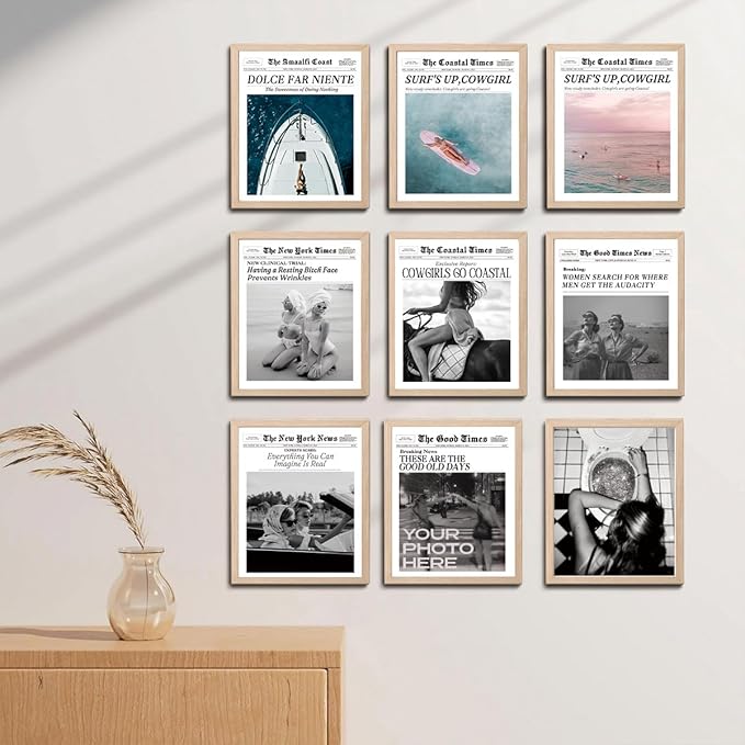 Bwodke OAK Wood Framed Wall Art Coastal Trendy Cowgirl Canvas Art Vintage Newspaper Pictures Wall Decor Surfer Up Vintage Bar Cart Prints Trendy Artwork for Girly Dorm Bedroom 8"x10"