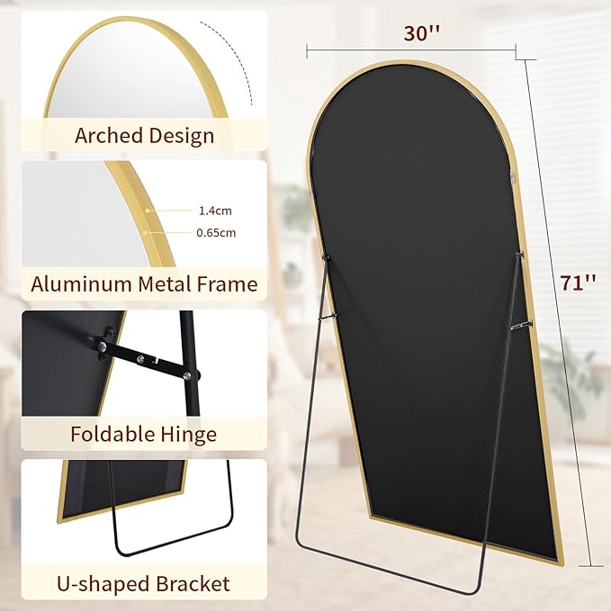 71" x 30" Arch Full Length Mirror - Floor Full Body Mirror with Aluminum Frame - Standing, Leaning or Hanging, for Bedroom, Living Room, Gold