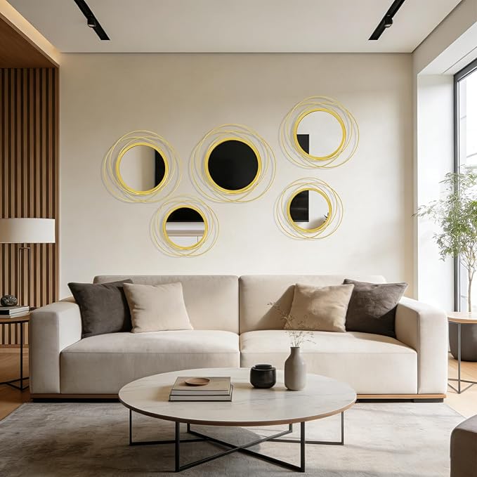 5 Pcs Decorative Round Modern Gold Circle Mirror Metal Wall Mounted Mirror Wall Art Ring for Hallway, Entryway, Living Room, Dining Room, Bedroom