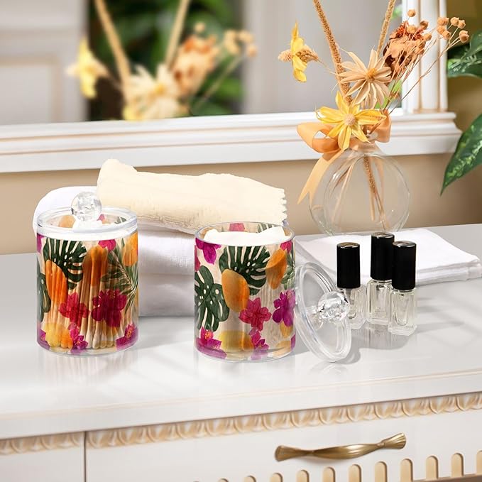 2 Pack Apothecary Jars Artistic Tropical Floral Yellow Bathroom Vanity Storage Organizer Set,Small Clear Plastic Storage Jars Bathroom Canister for Cotton Swabs, Rounds, Balls, Qtips,Makeup Spo