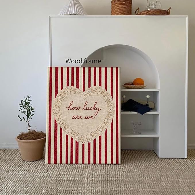 How Lucky Are We Wall Art Red Stripe Affirmation Quotes Poster Coquette Love Lace Heart Canvas Print Fashion Preppy Aesthetic Wall Decor Valentines Day Couple Gift 16X20 inch Wood Framed