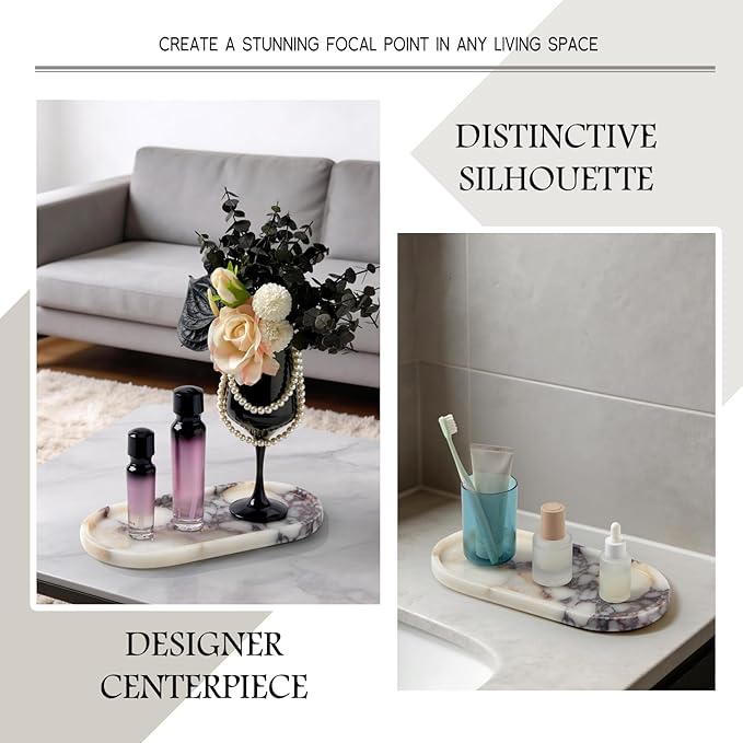Luxury Natural Oval Marble Tray – 11.8 x 5.9-Inch Calacatta Viola Stone Vanity Tray, Large Makeup Organizer for Perfume Skincare Products, Decorative Tray for Bathroom Coffee Table & Dresser