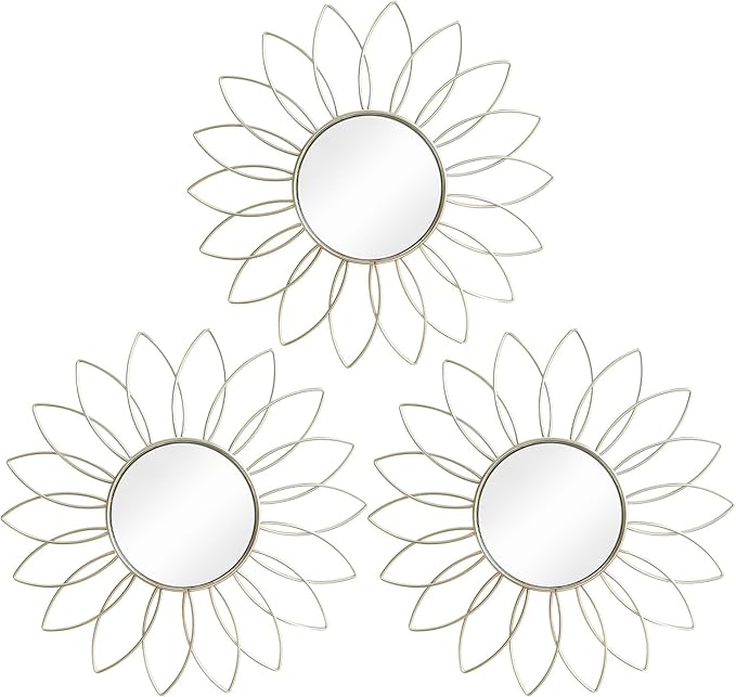 3 Pack Metal Mirrors for Wall Sunburst Wall Mirrors Home Décor Decorative Hanging Wall Art for Living Room Bedroom Entryway (Silver2, Flowers)