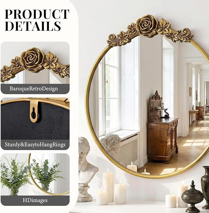 Vintage Baroque Round Wall Mirror 20" Circle Ornate Gold Mirror for Bathroom Antique Carved Frame Accent Mirror for Living Room Bedroom Entryway Vanity