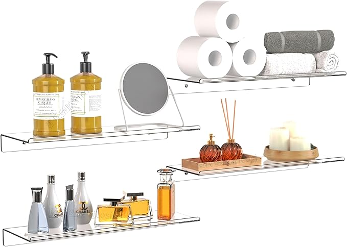 Clear Acrylic Floating Shelves Set of 4 for Lego Sets Funko Pop Collectibles Kids Bookshelf Figures Plant Picture Photo Modern Wall Ledge Floating Shelf for Bedroom Decor Living Room Wall Shelf