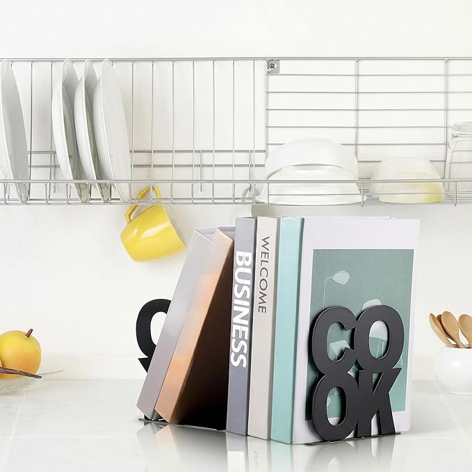 Hotop Cookbook Bookends Kitchen Decorative Metal Supports for Book-Rack Desk Kitchen Book Shelf Holder for Shelves Distinctive Appearance Design Book Ends Metal Supports(Black)