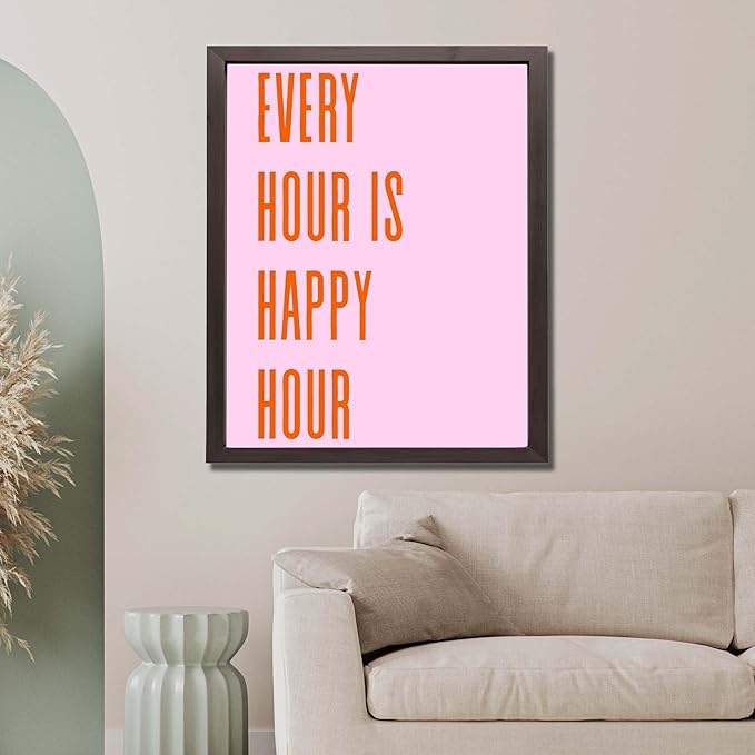 InkFlow Posters Every Hour Happy Hour Poster - Bold Typography Quote Art - Modern Pink Orange Design - Kitchen Bar Wall Decor - Contemporary Home Style Print - 24x32 Unframed Canvas Print